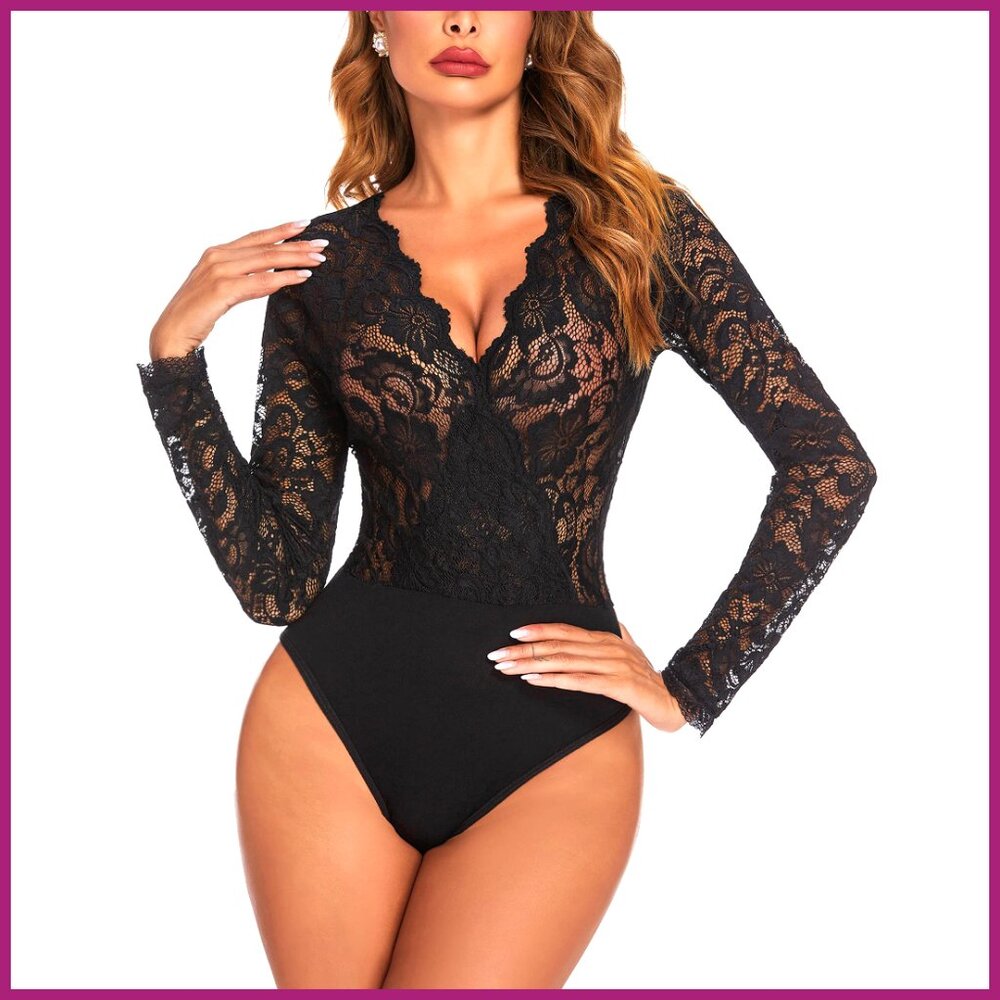 Lace Bodysuit Long Sleeve V Neck Snap Crotch Teddy Lingerie